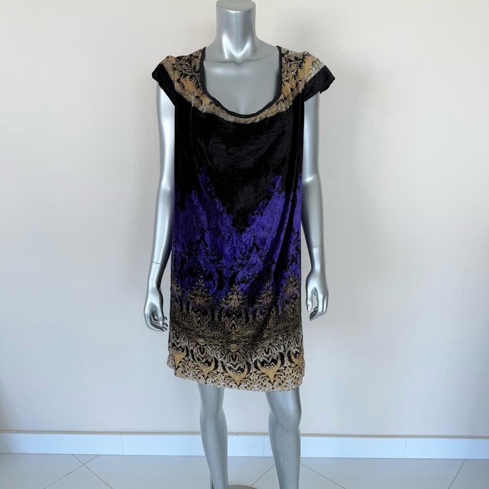 Etro Black and Purple Velvet Midi Dress with Gold Detailing